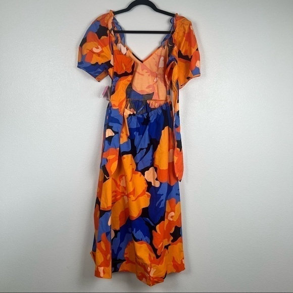 TABITHA Brown Target Puff Sleeve Tie Back Floral Midi Dress Blue Orange NWT - Picture 9 of 10